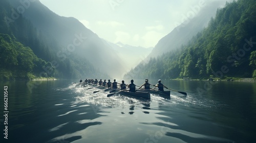 A rowing team gliding smoothly across a serene lake, oars perfectly synchronized.