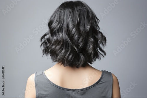 Haircuts for women with dark ash color hair, small perm, bob cut, For women barber shops, Hair treatment therapy concept.