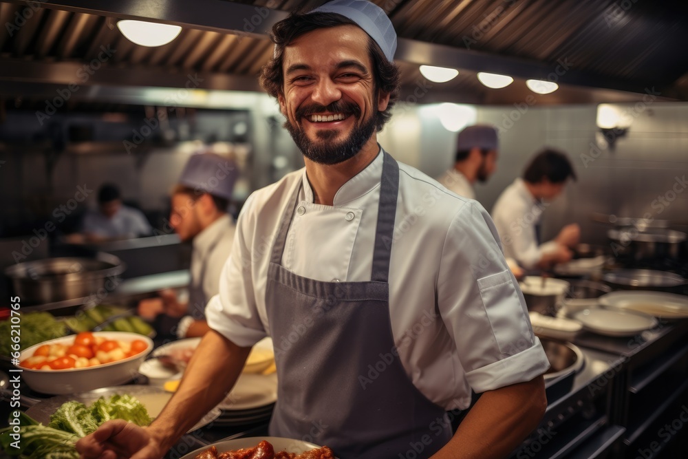 Happy chef working in a kitchen at a restaurant.