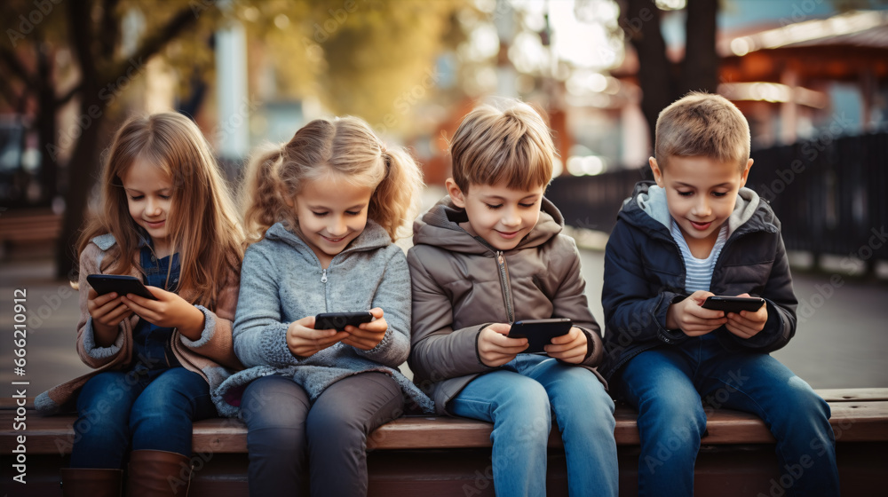 A cluster of beaming youngsters occupying and viewing cellphones while lounging on a park bench outside.