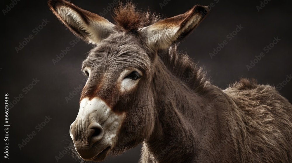 Cute donkey. Gray donkey close-up. Portrait of a donkey. Home farm. Horses and donkeys. Domestic farm animals donkey. Generative ai