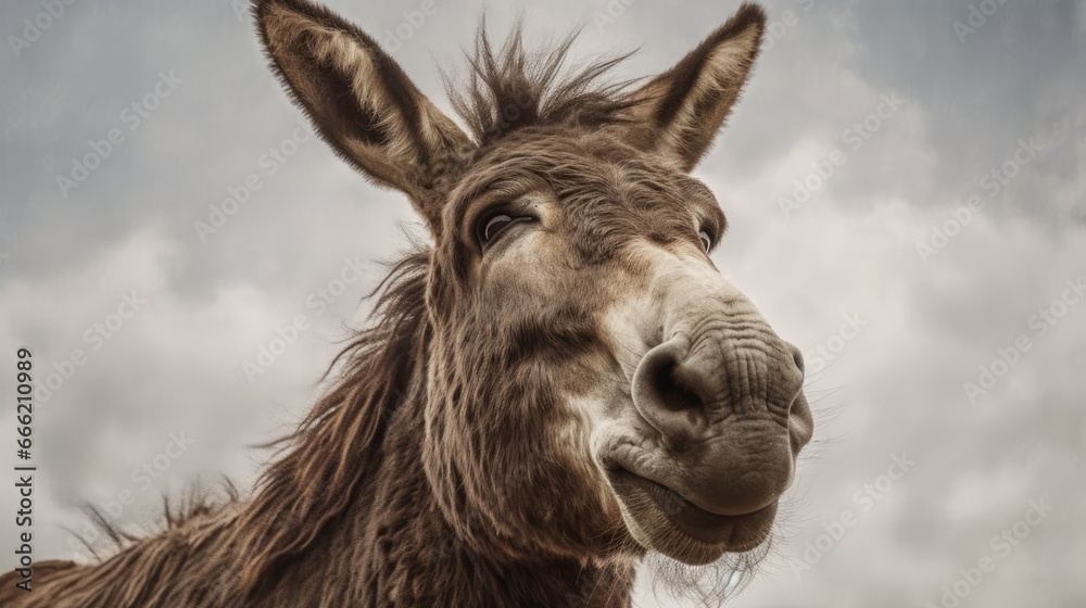 Cute donkey. Gray donkey close-up. Portrait of a donkey. Home farm. Horses and donkeys. Domestic farm animals donkey. Generative ai Cute donkey. Gray donkey close-up. Portrait of a donkey. Home farm. Horses and donkeys. Domestic farm animals donkey. Generative ai