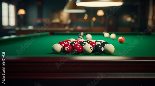 A snooker table with balls perfectly set for a game's commencement.