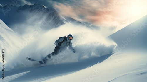 A snowboarder carving through fresh powder on a mountainside, leaving a trail of white behind.