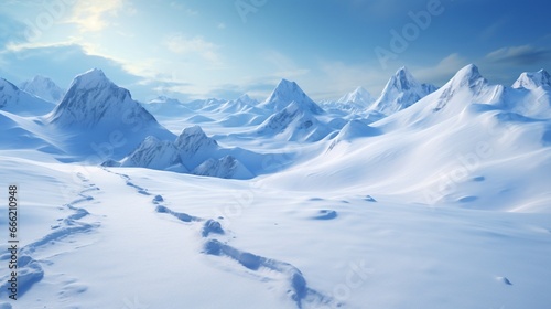 A snowy mountain landscape with untouched ski tracks.