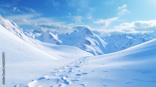 A snowy mountain landscape with untouched ski tracks. © Ai Studio