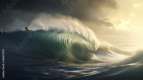 A surfer riding a massive wave, framed by the ocean's vast expanse.