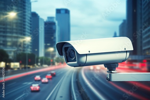 a cctv camera on a road monitoring traffic cars in a city