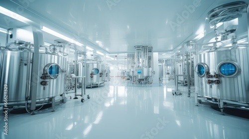 Metal tanks and lab equipment inside of biopharmaceutical medicine factory.