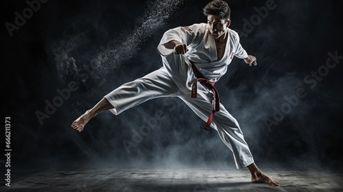 A taekwondo practitioner executing a precise kick, focused and disciplined in their form.