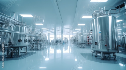 Metal tanks and lab equipment inside of biopharmaceutical medicine factory.