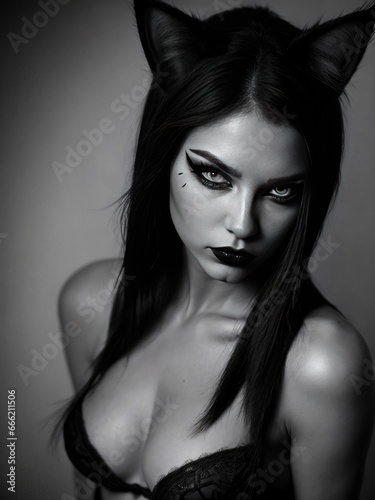 a woman with black makeup and cat ears on her head.  generative ai © Jevjenijs