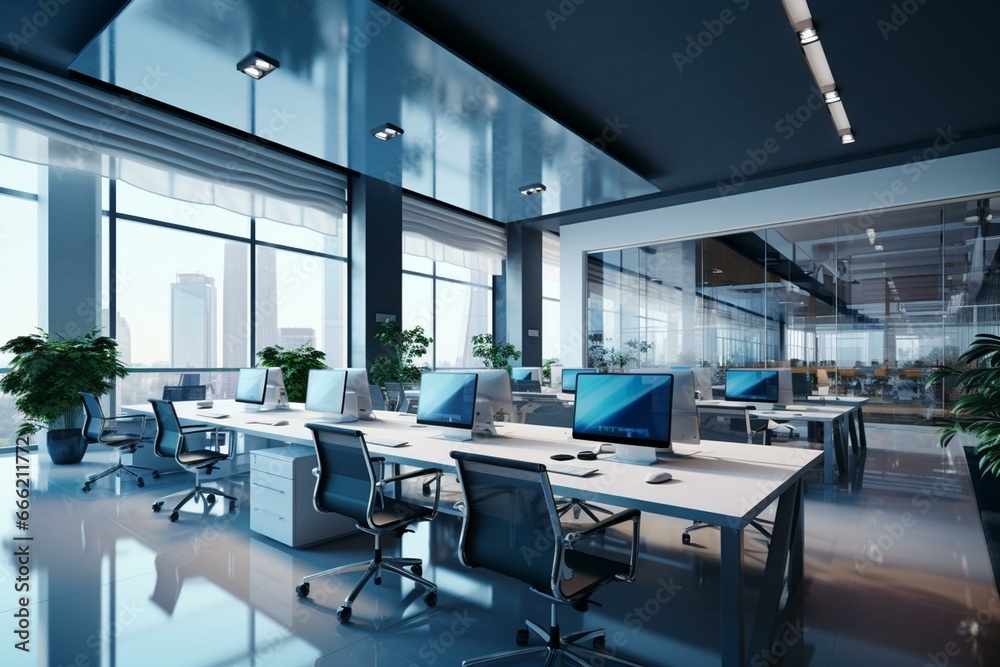 Empty contemporary workplace in corporate setting crafted with advanced technology. Generative AI