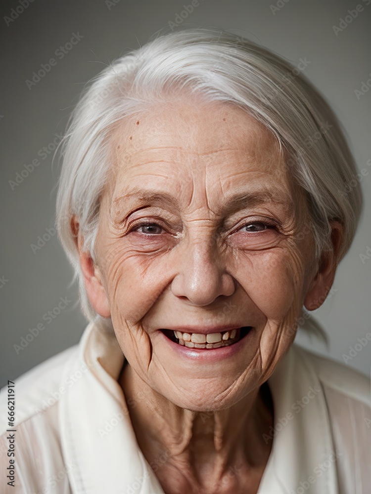  an older woman with white hair and a smile on her face.  generative ai