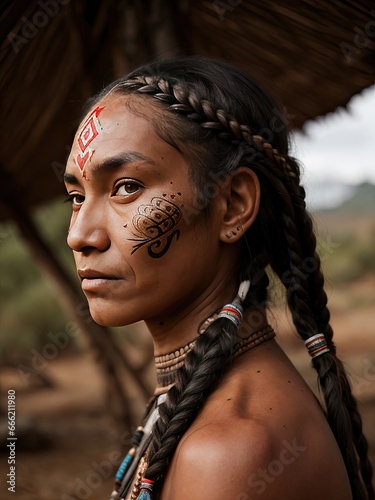  a native american woman with tattoos on her face and neck. generative ai