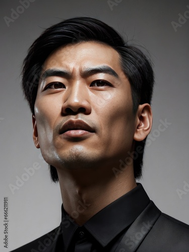  an asian man with a black shirt and a black tie. generative ai