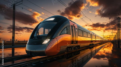 A high-speed passenger train glides along the railroad tracks during a picturesque sunset..