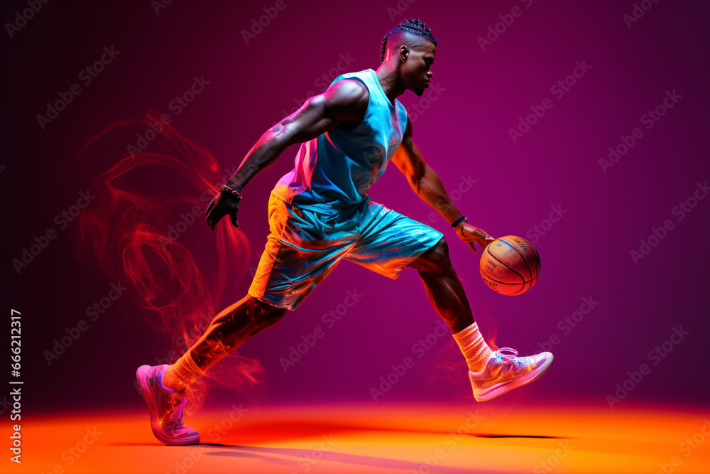 In action: A portrait of a dedicated African-American basketball player training under neon lights against a pink backdrop.