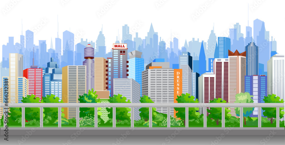 View from the bridge of a modern city with many buildings, skyscrapers, and parks. Vector illustration.