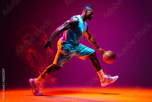 In action: A portrait of a dedicated African-American basketball player training under neon lights against a pink backdrop. © ckybe