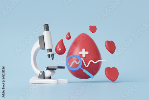 Hospital transfusion blood donor day blood droplet on pastel background. diagnosis microscope medical cross symbol. charity, donation, medicine, healthcare concept. elements. 3d render illustration