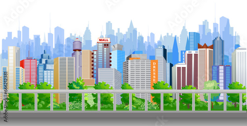View from the bridge of a modern city with many buildings, skyscrapers, and parks. Vector illustration.