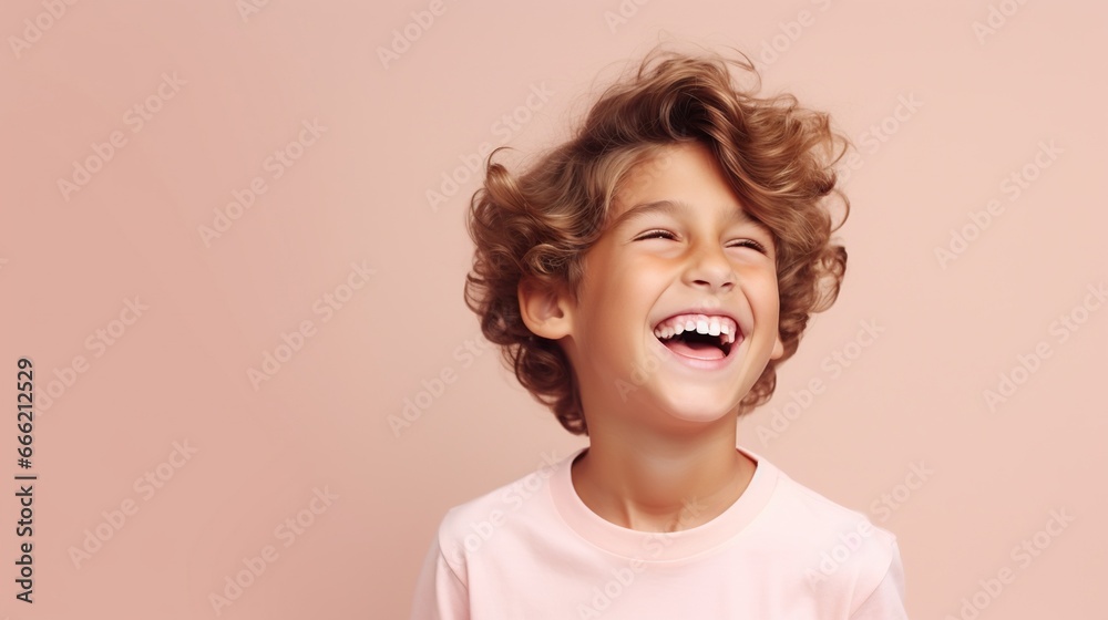 Cute Laughing Boy isolated on the Minimalist Pastel Color Background
 - obrazy, fototapety, plakaty 