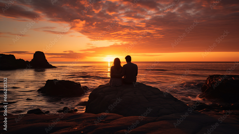 An eye-catching image conveying a feeling of happiness as two people hug each other whilst admiring the dawn over the sea.