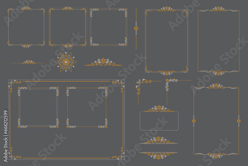 Set Of Golden Vintage ornament with border, frame, crown, mandala and luxury elements, suitable for vintage design or wedding invitation card
