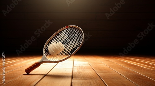Badminton rackets and a shuttlecock on a wooden floor.