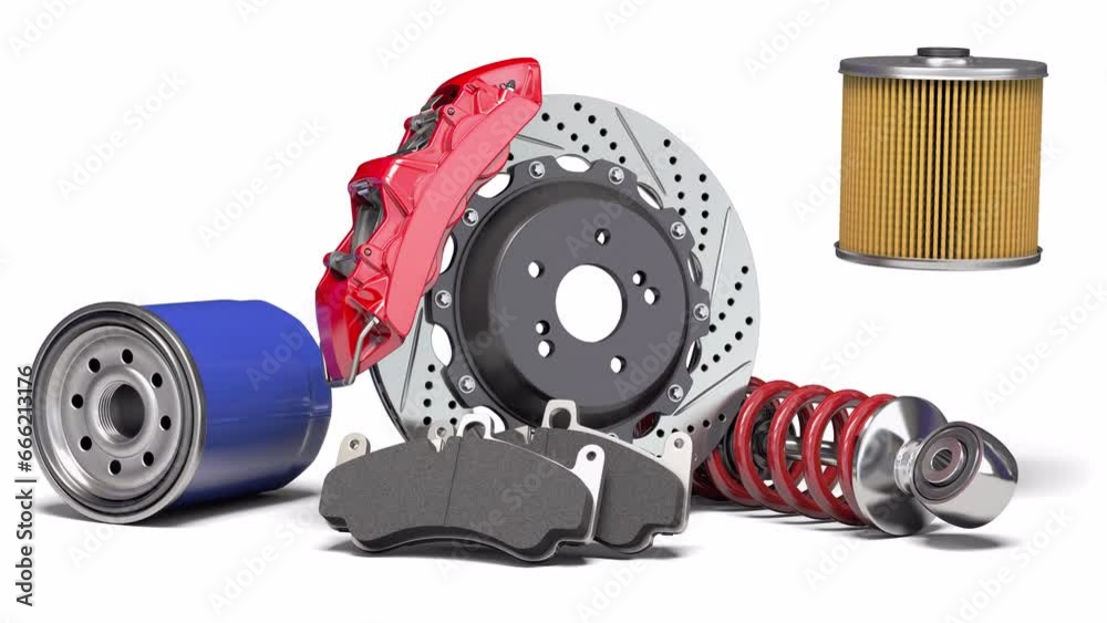 Car parts or auto car spare for maintenance isolated on white background. 3d video animation with alpha chanel