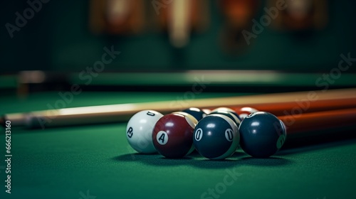 Freshly chalked billiards cues resting against a green-felt pool table.