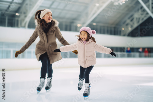 Happy Asian mother and daughter having fun and skating on indoor skating rink photo