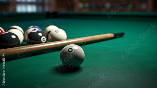 Freshly chalked billiards cues resting against a green-felt pool table. photo