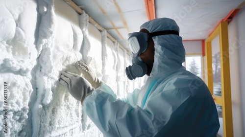Insulation worker in protective clothing examining foam insulation installed on a wall at building site.