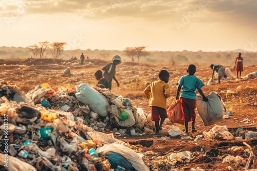 Group of homeless African children back view collecting garbage in landfill photo