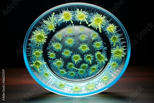 Blue plate displays green microbe representing hantavirus respiratory infection danger. Generative AI photo