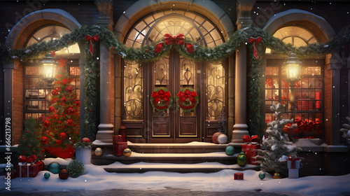 winter entrance doors, porch, store windows decorated with Christmas decorations, evening, festive, cozy atmosphere, in English style, photorealistic, detailed
