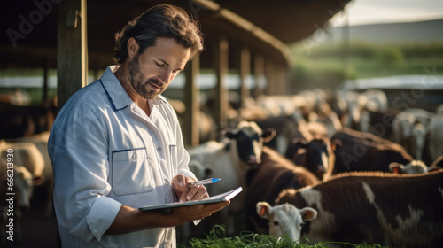 Veterinarian with digital tablet inspecting cows while feeding on dairy farm. photo