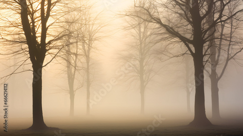 A mysterious, dreamlike atmosphere was created by the foggy silhouette of trees on a misty morning.