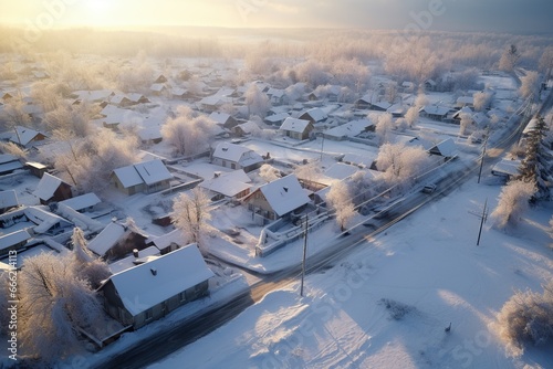 a beautiful scenic charming aerial view of a small snowy cold town landscape at winters