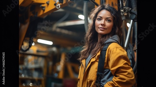 Woman working on heavy machinery as an industrial crane operator at industry factory.
