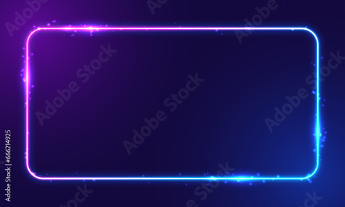 Vector 3d render, square glowing in the dark, pink blue neon light, illuminate frame design. Abstract cosmic vibrant color backdrop. Glowing neon light. Neon frame with rounded corners.