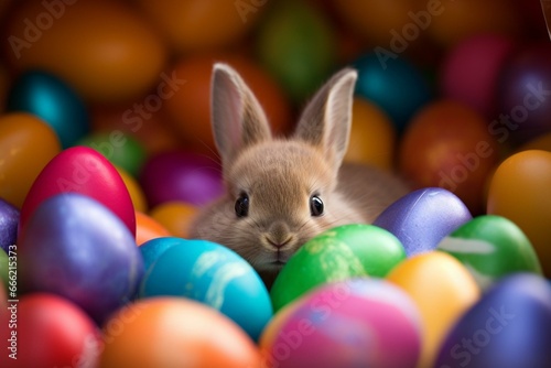 cute bunny hiding amid colorful Easter eggs. Generative AI © Thalia