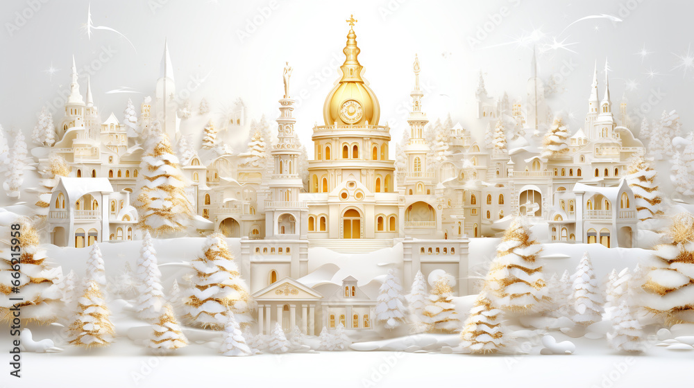 Obraz premium Christmas decoration, winter buildings in the forest with burning windows, New Year's atmosphere, postcard, Happy New Year greetings