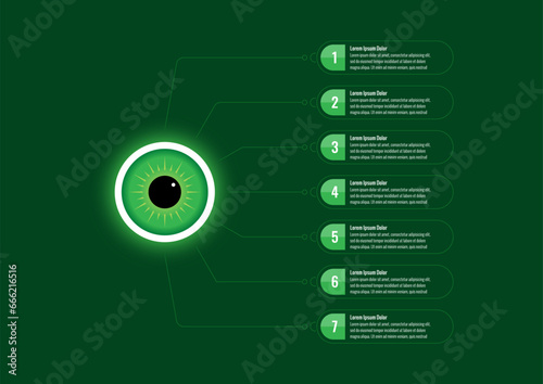 seven steps green eye infographic template. eye health infographic template on green background. internet, magazine, education, business, annual report information template