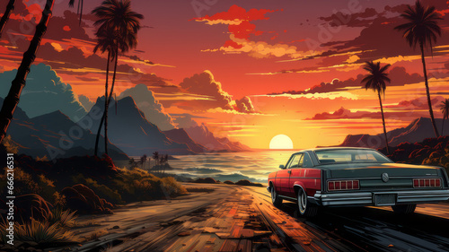 Tropical Paradise Vacation Illustration with Classic Car