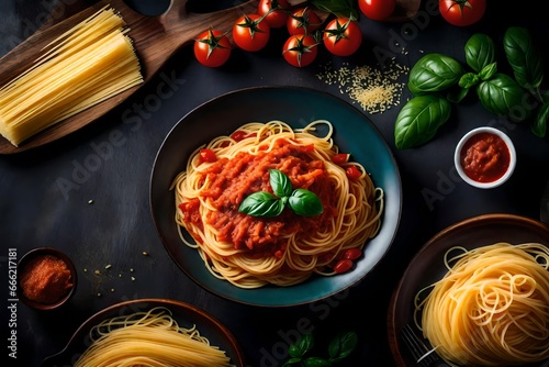 On a dark table  tasty delectable classic Italian spaghetti noodles