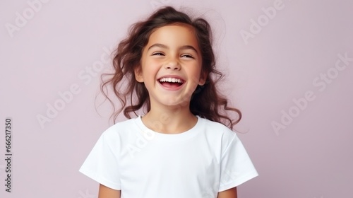 Cute Laughing Girl Isolated on the Minimalist Pastel Color Background

