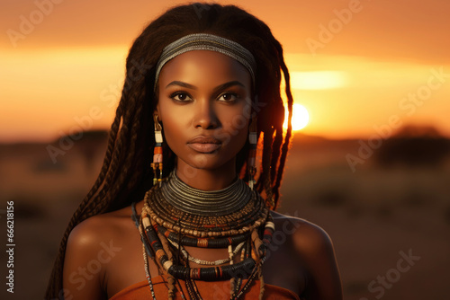 Portrait of a young African woman from an Indian tribe in the savannah at sunset